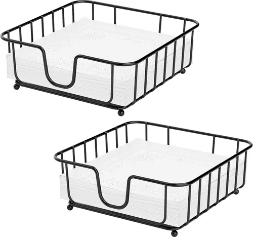 Paquete de 2 servilleteros para mesa, servilleteros para servilletas de papel, servilleteros de metal plano negro para cocina y mesa de comedor,