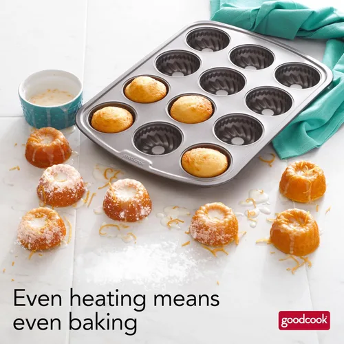 Miniatura 6 de GoodCook Mini molde estriado diario para tartas de construcción de acero antiadherente, hace 12 mini pasteles flautados, color gris