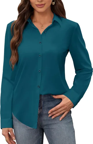 Miniatura 35 de Siliteelon - Camisas de vestir para mujer, a prueba de manchas, sin arrugas, de manga larga, sólidas, para trabajo y negocios, con botones
