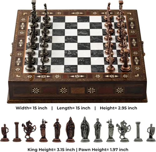 Miniatura 3 de Juego de ajedrez de madera hecho a mano de 15 pulgadas con piezas de metal del ejército británico, tablero de almacenamiento de lujo, regalo