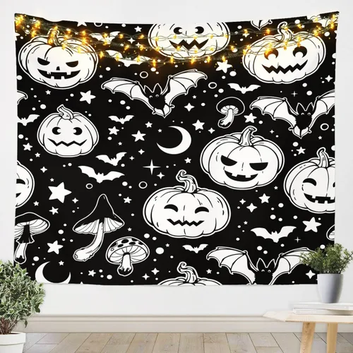 Murciélagos de Halloween, decoración de pared de Halloween, hongo, lindo tapiz de calabaza de Halloween, decoración de calabaza, luna, galaxia,