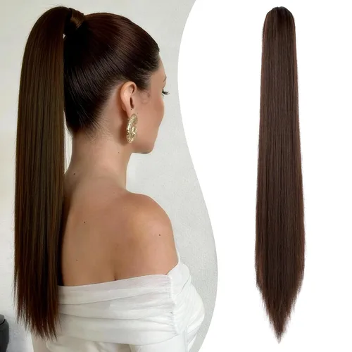 Miniatura 10 de Felendy Extensión de cola de caballo de 18 pulgadas, mezcla de rubio ceniza, marrón oscuro, rizado, ondulado, con clip, extensiones de cabello largo