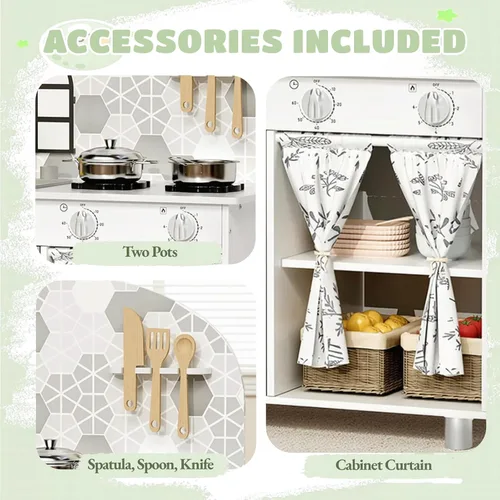 Miniatura 3 de Arlopu Juego de cocina interactiva para niños con armario con cortina, perillas, grifo y fregadero, lavadora, accesorios de utensilios de cocina