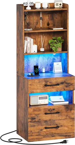 Miniatura 15 de AOGLLATI Mesita de noche alta con estación de carga y luces LED, mesita de noche con 3 cajones y estantes de almacenamiento, mesita de noche