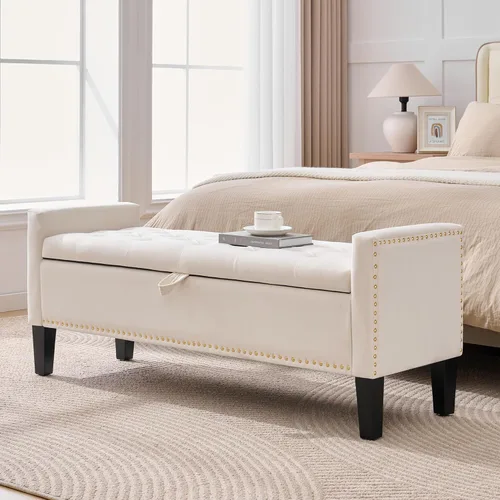 Miniatura 17 de Banco otomano de almacenamiento, reposapiés tapizado de terciopelo para dormitorio y sala de estar, asiento copetudo con almacenamiento, patas