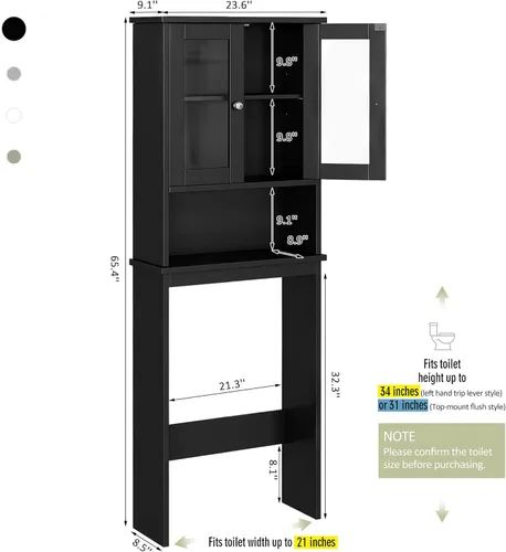 Miniatura 2 de Armario de almacenamiento sobre el inodoro para baño, organizador de almacenamiento negro sobre el inodoro, ahorro de espacio con 2 puertas