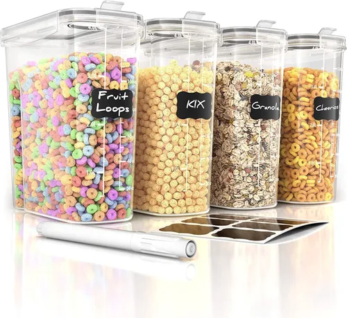 Simply Gourmet Recipientes herméticos para cereales con tapas – Juego de organización de despensa de cocina alto de 4 piezas, plástico transparente