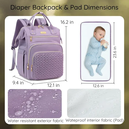 Miniatura 7 de AIJIEKE Bolsa de pañales, mochila grande para pañales de bebé de gran apertura, bolsa de viaje multifuncional para bebé, bolsa de pañales con Púrpura