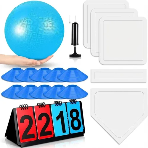 Jenaai Juego de Kickball Deportivo de 18 Piezas Incluye Pelota de Patio de Juegos 5 Bases de Goma Plegables Bomba de Pelota Marcador Bolsa de Red 10
