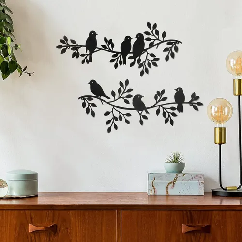 Miniatura 5 de LOMOHOO Decoración de pared de pájaros de metal, hojas de arte, 6 pájaros en vid, ramas de olivo, esculturas de hierro, silueta de metal, adorno