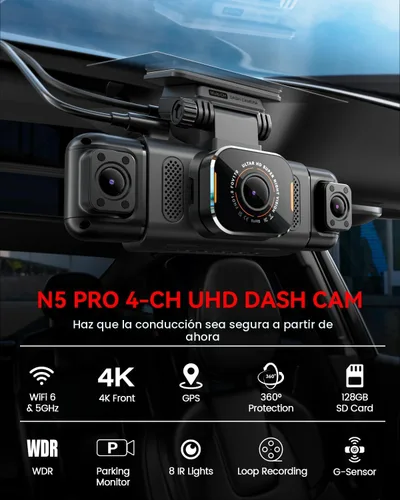 Miniatura 2 de Cámara de tablero N5 PRO 4K de 4 canales, vista panorámica de 360°, trasera e interior de 1080P, WiFi 5G 6 - hasta 10MB/s, GPS integrado, visión