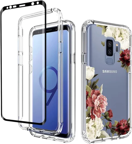Funda protectora para Samsung Galaxy S9+ G965U con protector de pantalla de vidrio templado, lindo patrón floral transparente de cuerpo completo
