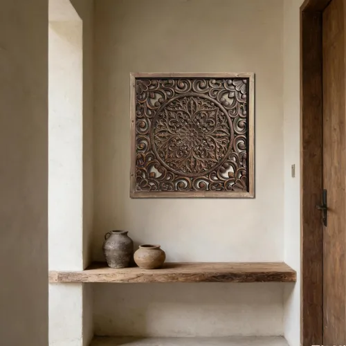 Miniatura 7 de XIAOAIKA Escultura de pared de madera tallada bohemia, intrincado diseño floral de mandala con acabado marrón envejecido, panel de arte de pared