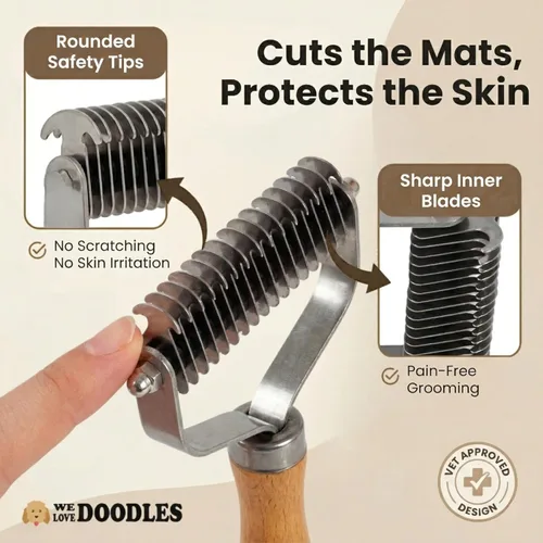 Miniatura 5 de Peine de desenredar para mascotas para perros y gatos con mango de madera, rastrillo de subpelo para perros con cuchillas de acero inoxidable, peine