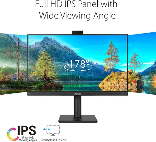 Miniatura 2 de ASUS Monitor de videoconferencia 1080P de 24" (BE249QFK) - IPS, 100Hz, sin marco, cámara web Full HD, matriz de micrófono, altavoces, altura