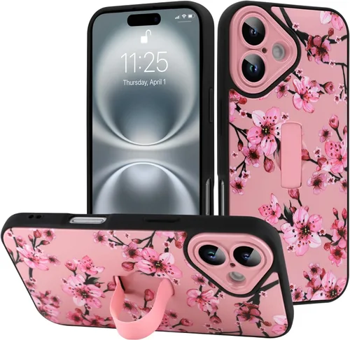 Miniatura 139 de Funda diseñada para iPhone 17 Pro Max con soporte plegable y correa para dedos, bonito patrón de lazo de corazón de flor rosa para mujeres y niñas