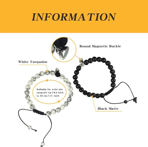 Miniatura 67 de 2 pulseras magnéticas para parejas, piedra natural negra mate, cristal para votos de amor eterno, juego de pulseras de cuentas de piedra de energía