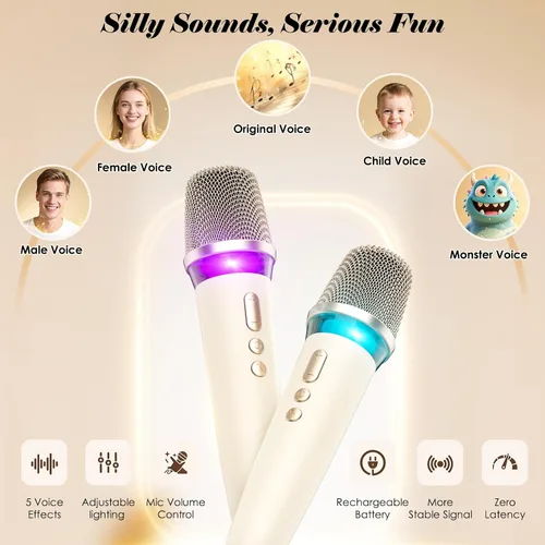 Miniatura 4 de Máquina de karaoke con 2 micrófonos inalámbricos y envoltura de cuero suave Mini altavoz Bluetooth portátil con 5 modos de cambio de voz