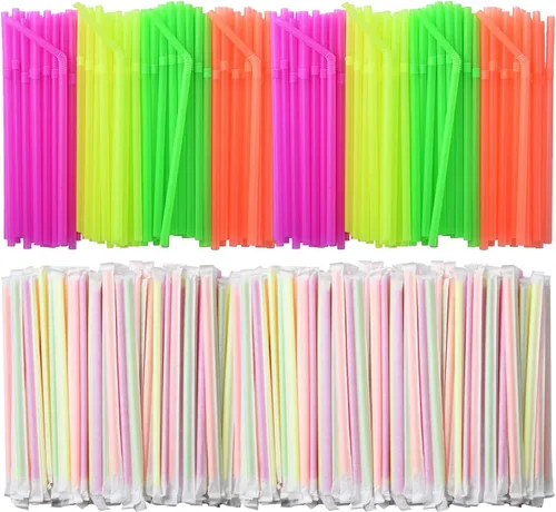 ALINK 1000 popotes de plástico flexible de neón, envueltos individualmente, popotes flexibles desechables, 7.75 x 0.23 pulgadas