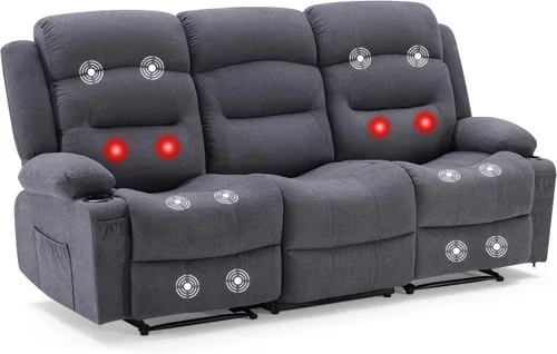Miniatura 4 de Sofá reclinable extragrande con calor y masaje, sofá reclinable RV grande de 3 plazas para sala de estar, sofá reclinable de pared con portavasos