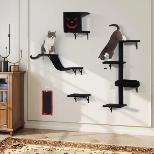 Miniatura 10 de Juego de 5 escaladores para gatos montados en la pared, estantes de madera para gatos con perchas, escalera, casa de condominio para gatos, tabla