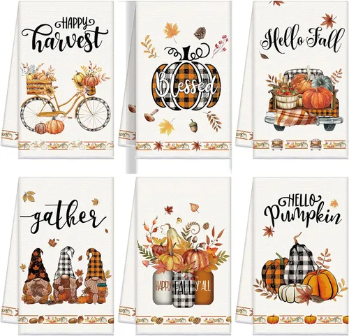 Miniatura 13 de Ganeen Juego de 6 toallas de mano de Acción de Gracias con texto en inglés «Hello Fall» en blanco y negro, vintage, calabaza, camión, motero