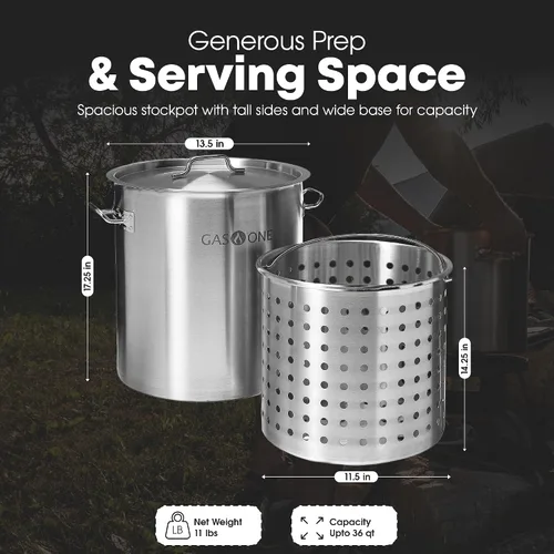 Miniatura 4 de GasOne Olla de acero inoxidable con cesta, olla de 36 cuartos de galón con tapa y parte inferior reforzada, olla de cocina resistente para freír
