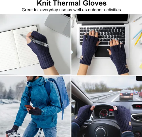 Miniatura 5 de Guantes sin dedos para invierno, cálidos, de punto, elásticos, de medio dedo, para correr, conducir, ciclismo, trabajo para hombres y mujeres