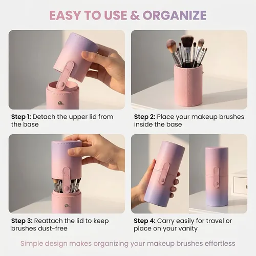 Miniatura 5 de VASANA Organizador de brochas de maquillaje de piel sintética rosa con tapa, herramientas de maquillaje portátiles, estuche organizador de gran