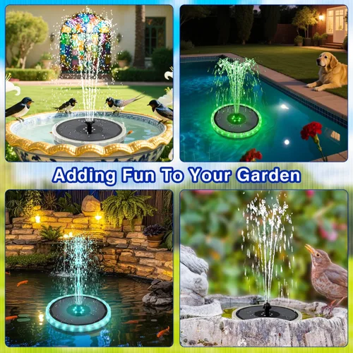 Miniatura 6 de SZMP Fuente solar, fuentes de baño para pájaros de 4 W con batería 4000, luces LED de color, bomba de fuente de agua al aire libre con 7 boquillas