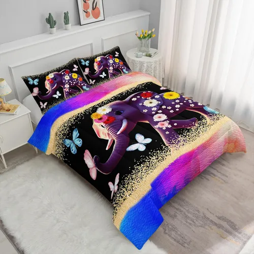 Miniatura 2 de Axolotl Juego de ropa de cama de elefante 3D, tamaño matrimonial, bonito juego de edredón de mariposa voladora, margarita, purpurina degradada