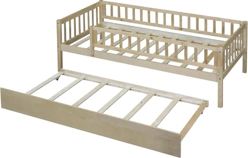 Miniatura 6 de Merax Sofá cama de tamaño individual con nido, marco de cama individual de madera con barandillas de valla, no necesita somier, natural Natural