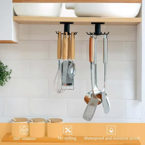 Miniatura 4 de 2 ganchos para debajo del gabinete para utensilios de cocina, ganchos giratorios de 360°, estante adhesivo de almacenamiento de cocina que ahorra