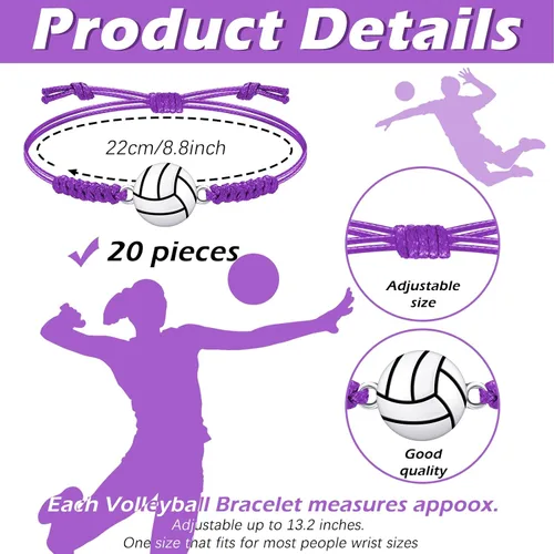 Miniatura 23 de 20 pulseras de voleibol ajustables, cuerda trenzada con dije de voleibol para niñas, mujeres, hombres, adolescentes, la mayoría de jugadores