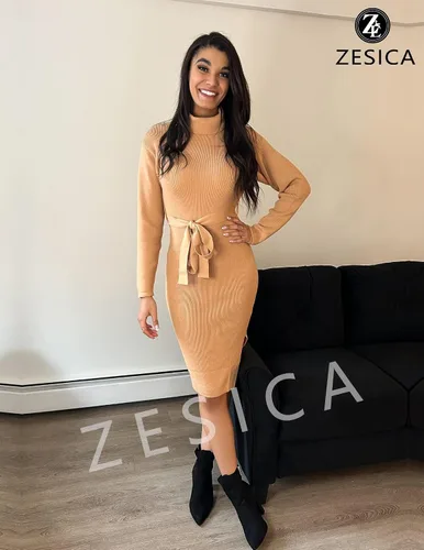 Miniatura 73 de ZESICA - Vestido por debajo de la rodilla de suéter, de cuello alto, para mujer, de manga larga, de punto acanalado, con abertura y cinturón