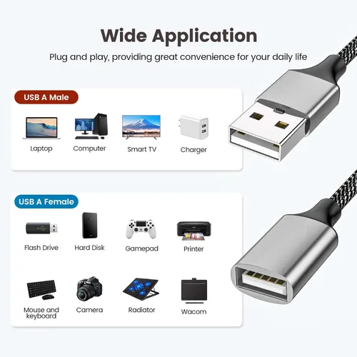Miniatura 4 de Fidioto Divisor de cable de extensión USB de 6.6 pies, USBA 1 macho a 4 hembras, cable USB Y soporte de carga y transferencia de datos