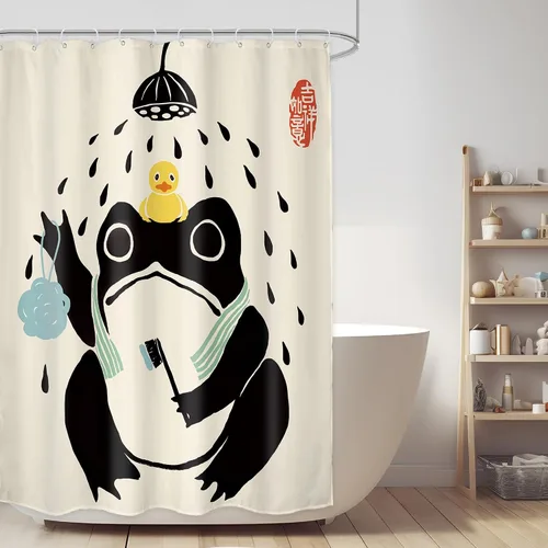 Miniatura 41 de Juego Divertido de Cortina de Rana Retro para Ducha, Juego de Baño 48x71 Pulgadas, Estilo Asiático Lindo, Arte Japonés Tradicional de Pato de Goma