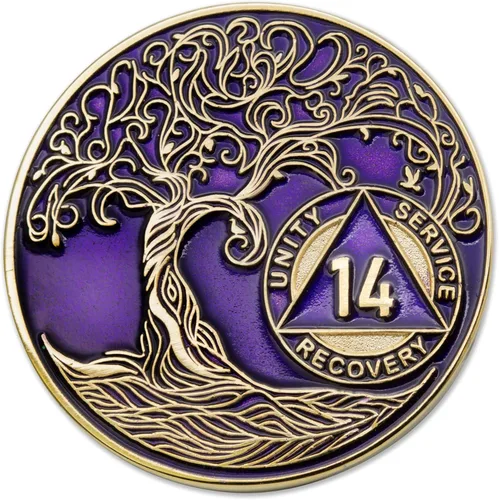 Miniatura 155 de 20 Year Sobriety Mint Twisted Tree of Life - Medallón de recuperación AA chapado en oro, fichas y fichas, color negro