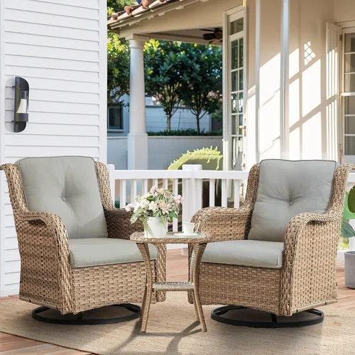 Miniatura 26 de HUMMUH Sillas Mecedoras Giratorias de Mimbre para Patio Exterior con Respaldo Alto, Sillas Deslizantes de Ratán PE, Juego de Muebles de Patio de 4