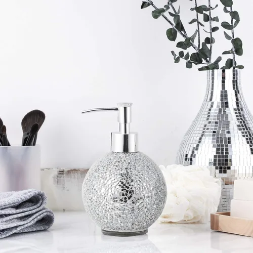 Miniatura 4 de WHOLE HOUSEWARES Dispensador de jabón de manos de mosaico de vidrio para baño Botella de loción para cocina, baño con bomba de plástico cromado