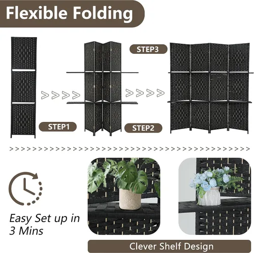 Miniatura 2 de Divisor de habitación de 4 paneles, divisor de pantalla de madera plegable, separador de partición de madera con estantes de almacenamiento
