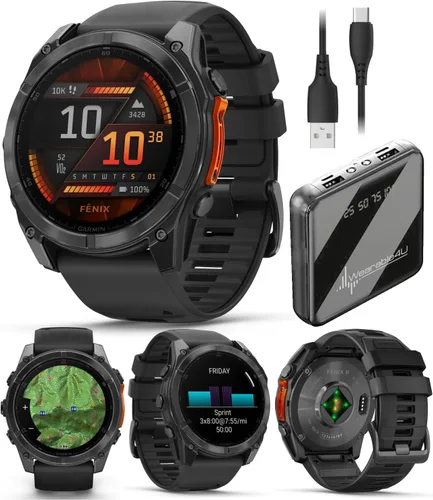 Miniatura 33 de Garmin Fenix 8 – 2 pulgadas, reloj inteligente multideporte GPS AMOLED, zafiro, titanio con banda de silicona naranja brillante/grafito, linterna