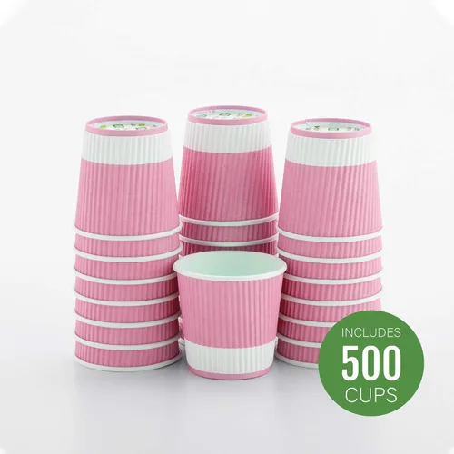 Miniatura 2 de Taza de café de papel rosa claro de 4 onzas con pared ondulada - Restaurantware
