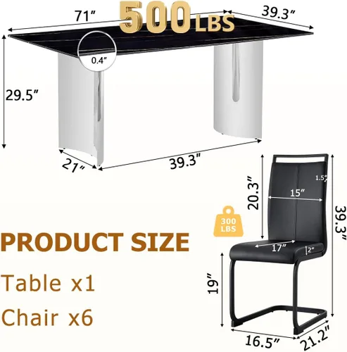 Miniatura 3 de Moderno juego de mesa de comedor para 6, 7 piezas, mesa rectangular de mármol sintético de 71 pulgadas con base de acero inoxidable plateado