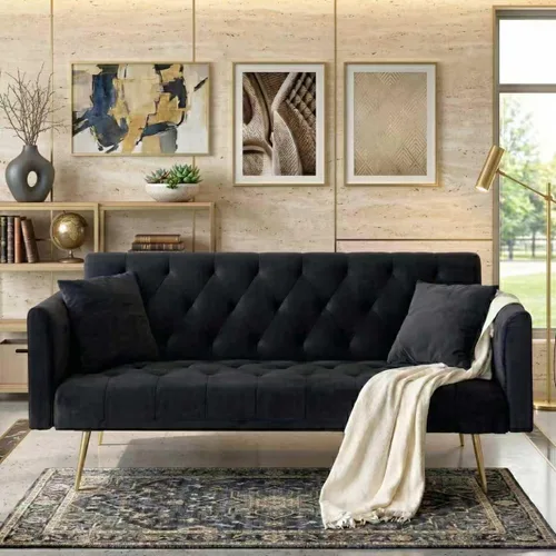 Miniatura 12 de Majnesvon Sofá cama plegable convertible de 71 pulgadas, moderno sofá biplaza de terciopelo con 2 almohadas, sofá cama futón con colchón y marco Azul