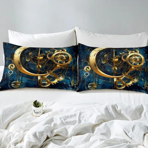 Miniatura 4 de Manfei Gears - Sábana bajera ajustable tamaño individual, funda de cama dorada con 1 funda de almohada, estilo steampunk, 2 piezas para decoración