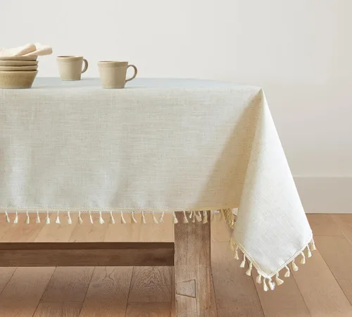Miniatura 5 de Mantel rectangular de lino beige crema para comedor y cocina, mantel rectangular de arpillera de lino con borlas, resistente, rústico, campestre