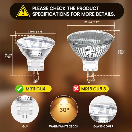 Miniatura 6 de Bombillas halógenas MR11 GU4 de 12 V, 20 W, blanco cálido, 2800 K, base de 2 pines, MR11, foco regulable de bajo voltaje para paisaje, fibra óptica
