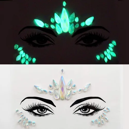 Miniatura 13 de Joyas de cara que brillan en la oscuridad, cristal de Halloween, tatuaje temporal, gemas de diamantes de imitación, cuerpo fluorescente, joyas