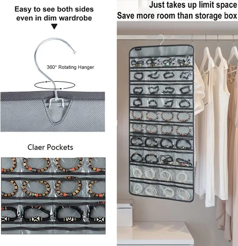 Miniatura 5 de Organizador de joyas colgante de 80 bolsillos para guardar joyas, soporte de exhibición de accesorios de doble cara para aretes, pulseras y anillos